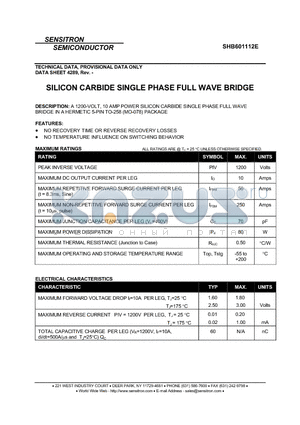 SHB601112E datasheet - SILICON CARBIDE SINGLE PHASE FULL WAVE BRIDGE