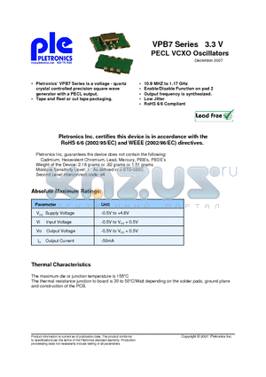 VPB7029036EG000050 datasheet - 3.3 V PECL VCXO Oscillators