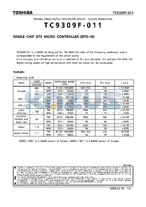 TC9309F-011 datasheet - SINGLE CHIP DTS MICRO CONTROLLER
