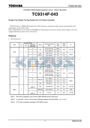 TC9314F-043 datasheet - TOSHIBA CMOS Digital Integrated Circuit Silicon Monolithic