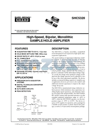 SHC5320KP datasheet - High-Speed, Bipolar, Monolithic SAMPLE/HOLD AMPLIFIER