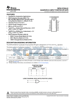 SN74LVC32AQDRQ1 datasheet - QUADRUPLE 2-INPUT POSITIVE-OR GATE