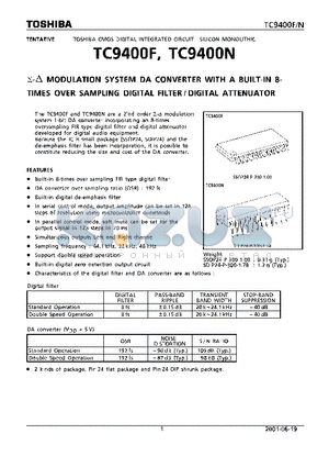 TC9400F datasheet - SIGMA-DELTA  MODULATION SYSTEM DA CONVERTER WITH A BUILT-IN 8-TIMES OVER SAMPLING DIGITAL FILTER / DIGITALATTENUATOR