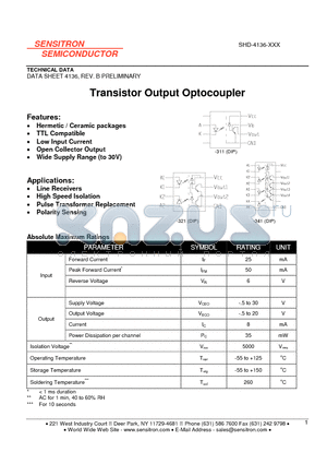 SHD-4136-311 datasheet - Transistor Output Optocoupler