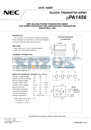 UPA1456 datasheet - NPN SILICON POWER TRANSISTOR ARRAY LOW SPEED SWITCHING USE DARLINGTON TRANSISTOR INDUSTRIAL USE