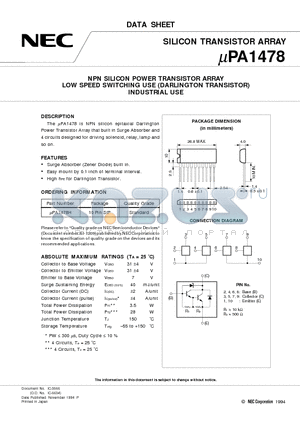 UPA1478 datasheet - NPN SILICON POWER TRANSISTOR ARRAY LOW SPEED SWITCHING USE DARLINGTON TRANSISTOR INDUSTRIAL USE