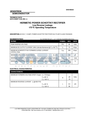 SHD106223_08 datasheet - HERMETIC POWER SCHOTTKY RECTIFIER Low Reverse Leakage 175 jC Operating Temperature