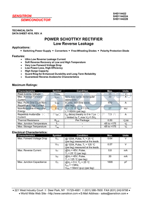 SHD114422 datasheet - POWER SCHOTTKY RECTIFIER LOW REVERSE LEAKAGE