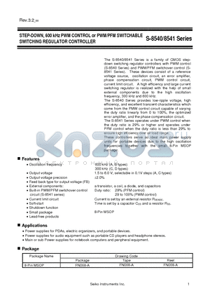 S-8540 datasheet - STEP-DOWN, 600 kHz PWM CONTROL or PWM/PFM SWITCHABLE SWITCHING REGULATOR CONTROLLER