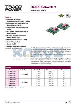 TON15-4810 datasheet - DC/DC Converters - TON 15 Series, 15 Watt