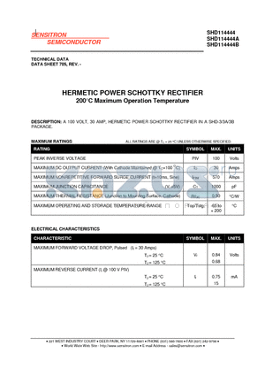 SHD114444 datasheet - HERMETIC POWER SCHOTTKY RECTIFIER 200•C Maximum Operation Temperature