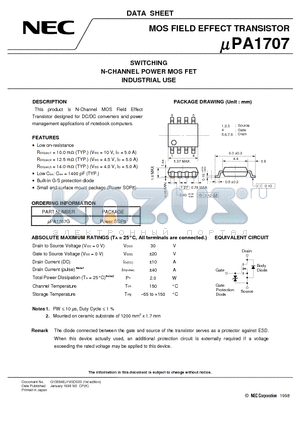 UPA1707G datasheet - SWITCHING N-CHANNEL POWER MOS FET INDUSTRIAL USE