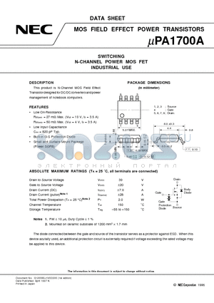 UPA1700A datasheet - SWITCHING N-CHANNEL POWER MOS FET INDUSTRIAL USE