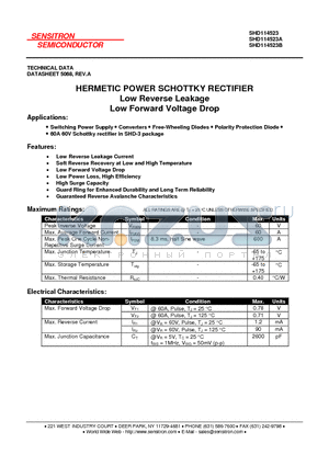 SHD114523 datasheet - HERMETIC POWER SCHOTTKY RECTIFIER Low Reverse Leakage Low Forward Voltage Drop