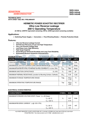 SHD114534 datasheet - HERMETIC POWER SCHOTTKY RECTIFIER Ultra Low Reverse Leakage 200C Operating Temperature