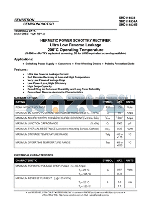 SHD114534B datasheet - HERMETIC POWER SCHOTTKY RECTIFIER Ultra Low Reverse Leakage 200`C Operating Temperature