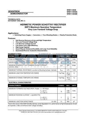 SHD114546 datasheet - HERMETIC POWER SCHOTTKY RECTIFIER 200`C Maximum Operation Temperature