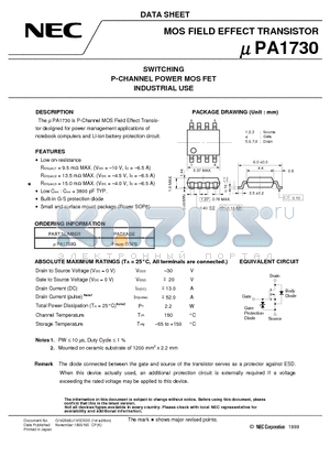 UPA1730 datasheet - SWITCHING P-CHANNEL POWER MOS FET INDUSTRIAL USE