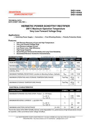 SHD114546A datasheet - HERMETIC POWER SCHOTTKY RECTIFIER 200C Maximum Operation Temperature Very Low Forward Voltage Drop