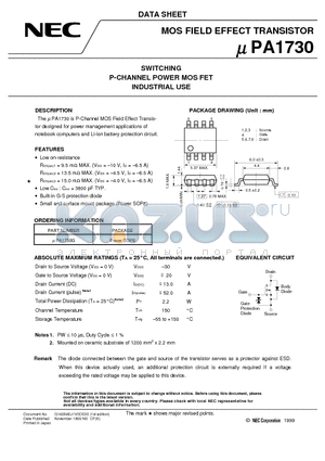 UPA1730G datasheet - SWITCHING P-CHANNEL POWER MOS FET INDUSTRIAL USE