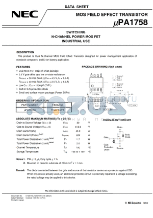 UPA1758 datasheet - SWITCHING N-CHANNEL POWER MOS FET INDUSTRIAL USE