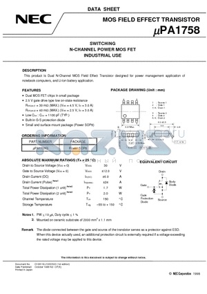 UPA1758G datasheet - SWITCHING N-CHANNEL POWER MOS FET INDUSTRIAL USE