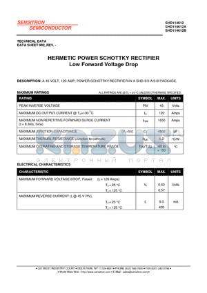 SHD114612 datasheet - HERMETIC POWER SCHOTTKY RECTIFIER Low Forward Voltage Drop