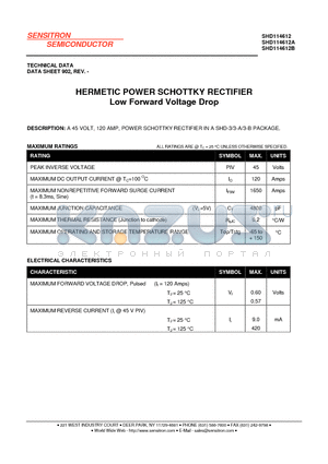 SHD114612A datasheet - HERMETIC POWER SCHOTTKY RECTIFIER Low Forward Voltage Drop