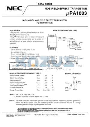 UPA1803 datasheet - N-CHANNEL MOS FIELD EFFECT TRANSISTOR FOR SWITCHING