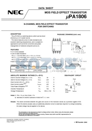 UPA1806GR-9JG datasheet - N-CHANNEL MOS FIELD EFFECT TRANSISTOR FOR SWITCHING