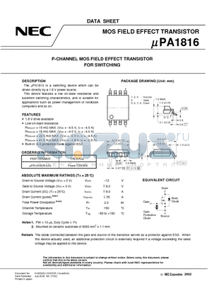 UPA1816 datasheet - P-CHANNEL MOS FIELD EFFECT TRANSISTOR FOR SWITCHING