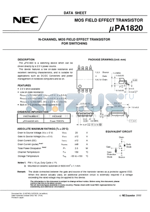 UPA1820 datasheet - N-CHANNEL MOS FIELD EFFECT TRANSISTOR FOR SWITCHING