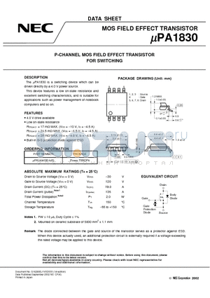 UPA1830 datasheet - P-CHANNEL MOS FIELD EFFECT TRANSISTOR FOR SWITCHING