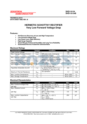 SHD115134B datasheet - HERMETIC SCHOTTKY RECTIFIER Very Low Forward Voltage Drop