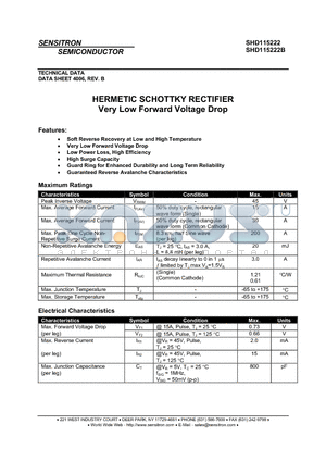 SHD115222 datasheet - HERMETIC SCHOTTKY RECTIFIER Very Low Forward Voltage Drop