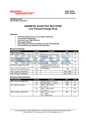 SHD115244 datasheet - HERMETIC SCHOTTKY RECTIFIER Low Forward Voltage Drop