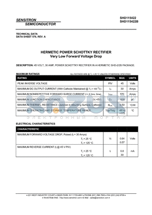 SHD115422 datasheet - HERMETIC POWER SCHOTTKY RECTIFIER Very Low Forward Voltage Drop