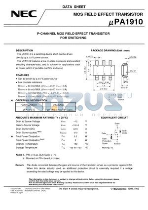 UPA1910 datasheet - P-CHANNEL MOS FIELD EFFECT TRANSISTOR FOR SWITCHING