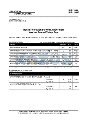 SHD115422B datasheet - HERMETIC POWER SCHOTTKY RECTIFIER Very Low Forward Voltage Drop