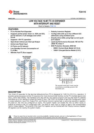 TCA1116PWR datasheet - LOW VOLTAGE 16-BIT I2C I/O EXPANDER WITH INTERRUPT AND RESET