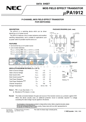 UPA1912TE datasheet - P-CHANNEL MOS FIELD EFFECT TRANSISTOR FOR SWITCHING