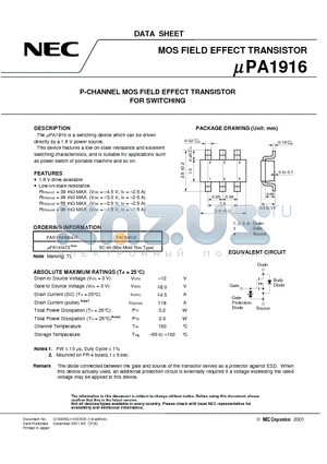 UPA1916 datasheet - P-CHANNEL MOS FIELD EFFECT TRANSISTOR FOR SWITCHING