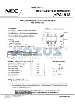 UPA1918 datasheet - P-CHANNEL MOS FIELD EFFECT TRANSISTOR FOR SWITCHING