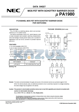 UPA1980 datasheet - P-CHANNEL MOS FIELD EFFECT TRANSISTOR FOR SWITCHING