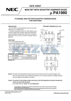 UPA1980TE datasheet - P-CHANNEL MOS FIELD EFFECT TRANSISTOR FOR SWITCHING