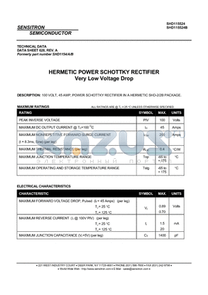 SHD115524B datasheet - HERMETIC POWER SCHOTTKY RECTIFIER Very Low Voltage Drop