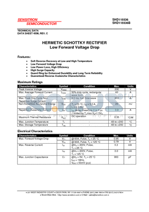 SHD115536B datasheet - HERMETIC SCHOTTKY RECTIFIER Low Forward Voltage Drop