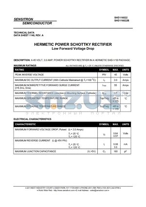 SHD116022 datasheet - HERMETIC POWER SCHOTTKY RECTIFIER Low Forward Voltage Drop