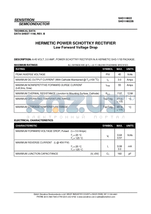 SHD116022_08 datasheet - HERMETIC POWER SCHOTTKY RECTIFIER Low Forward Voltage Drop