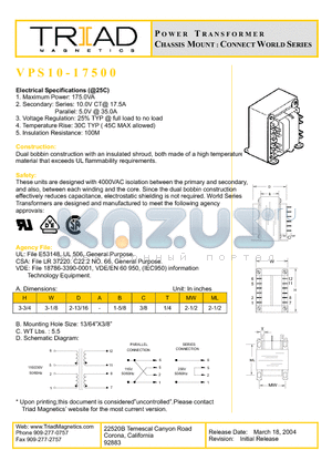 VPS10-17500 datasheet - POWER TRANSFORMER CHASSIS MOUNT : CONNECT WORLD SERIES